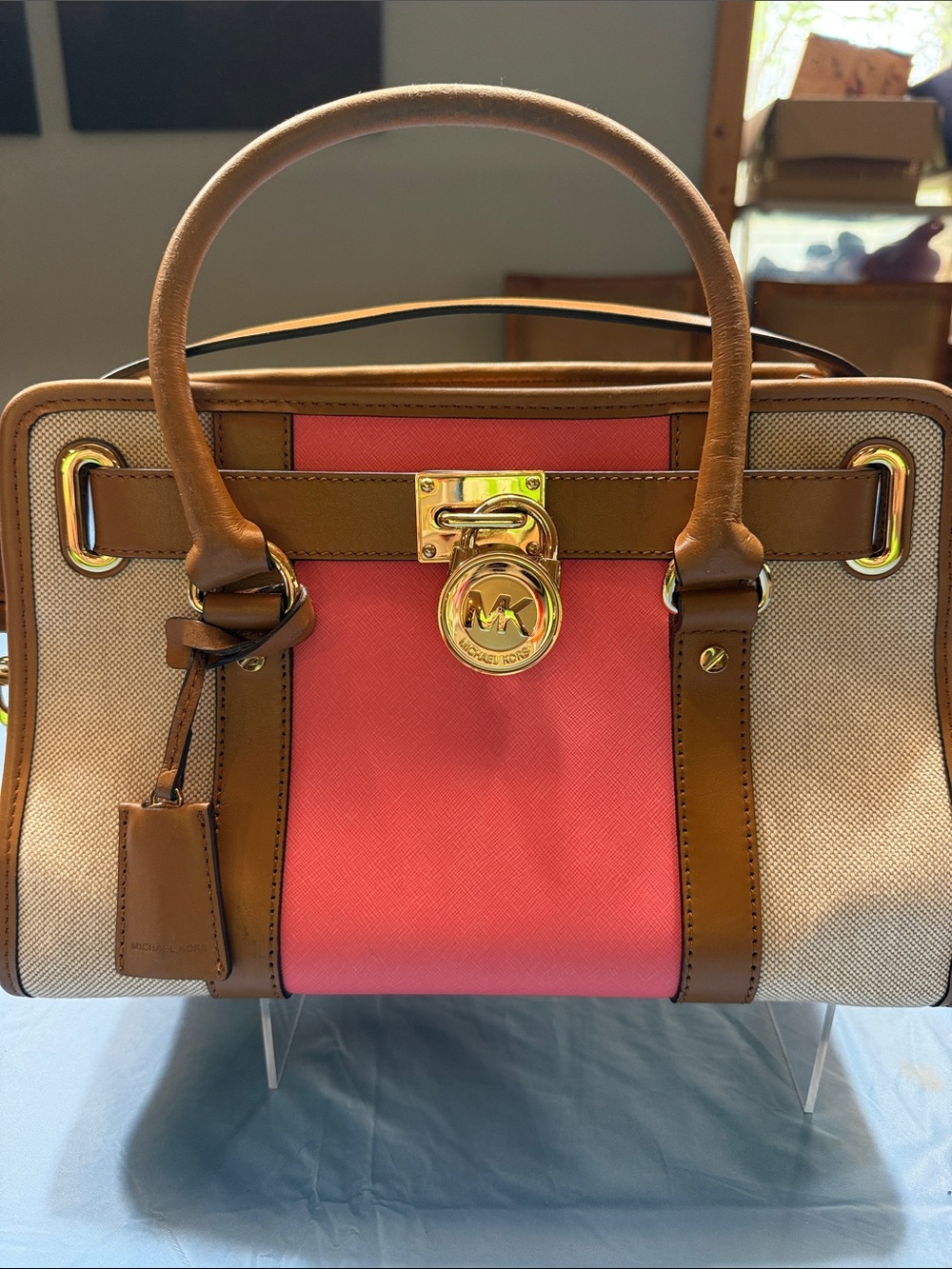 Michael Kors Pink and Brown Canvas Leather-Trim Satchel